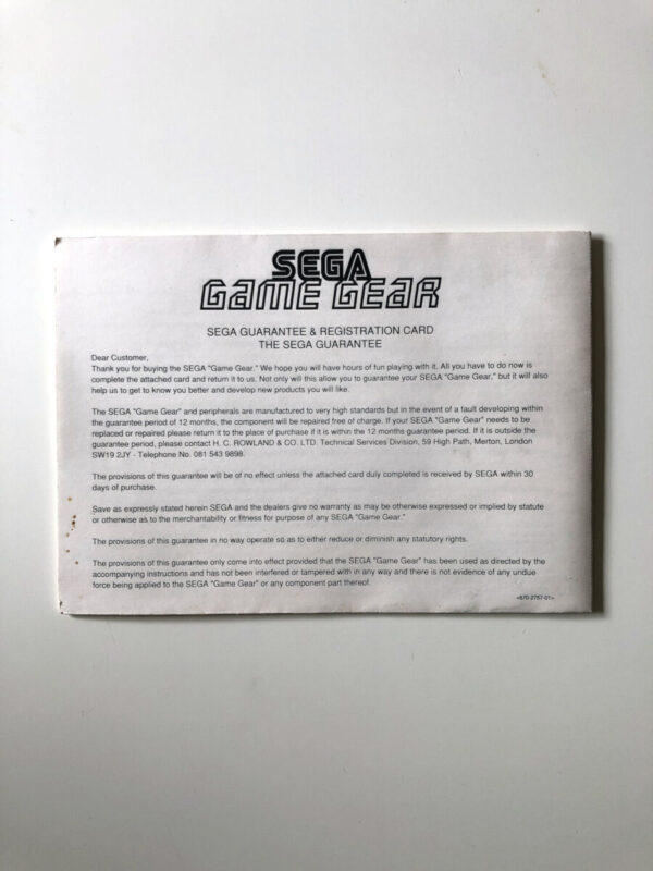 Sega Guarantee Registration Card (Sega Game Gear-manual) #45